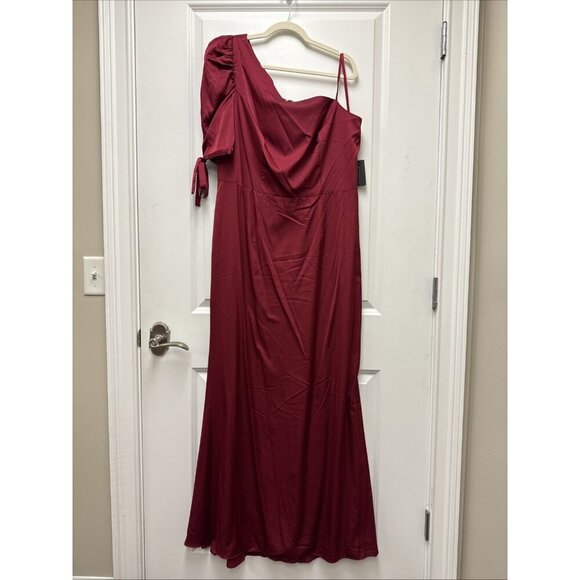 Mac Duggal Size 18 Burgundy 55632 Satin One Shoulder Puff Sleeve Trumpet Gown - Picture 4 of 10